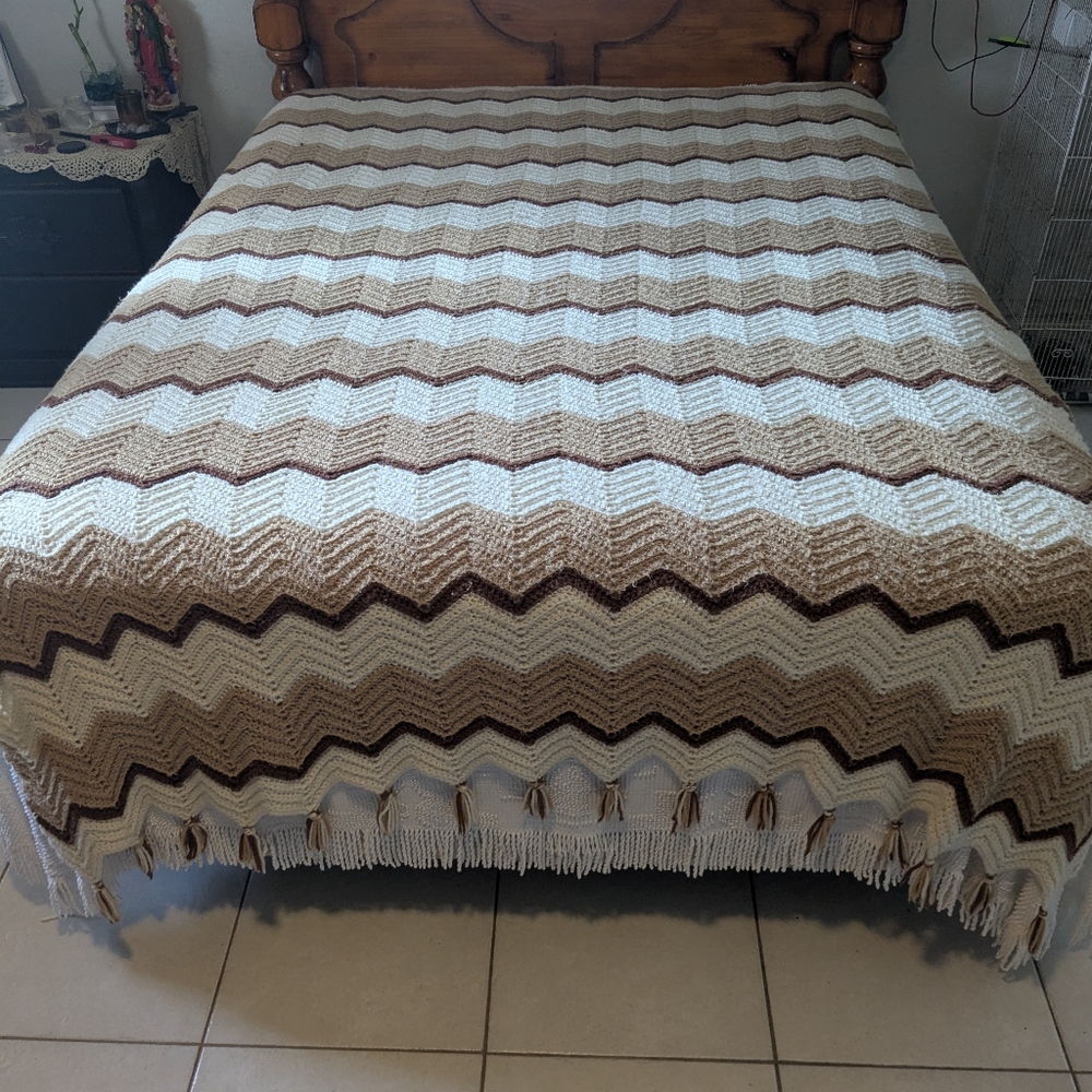 Chevron Patterned Brown and Cream Handmade Crochet Bedspread